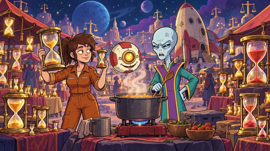 At the Market of Fair Time on Staterion, among stalls full of hourglasses of every size, Liz holds a big and a small hourglass next to a pot of soup on a camping stove, while Dord waits with a ladle and M00N sniffs the steam
